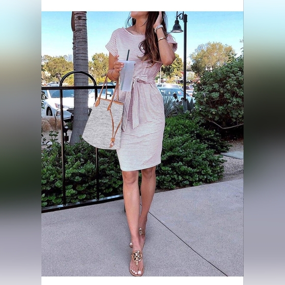 Women's Summer Striped Short Sleeve T Shirt Dress Casual Tie Waist - Picture 1 of 5
